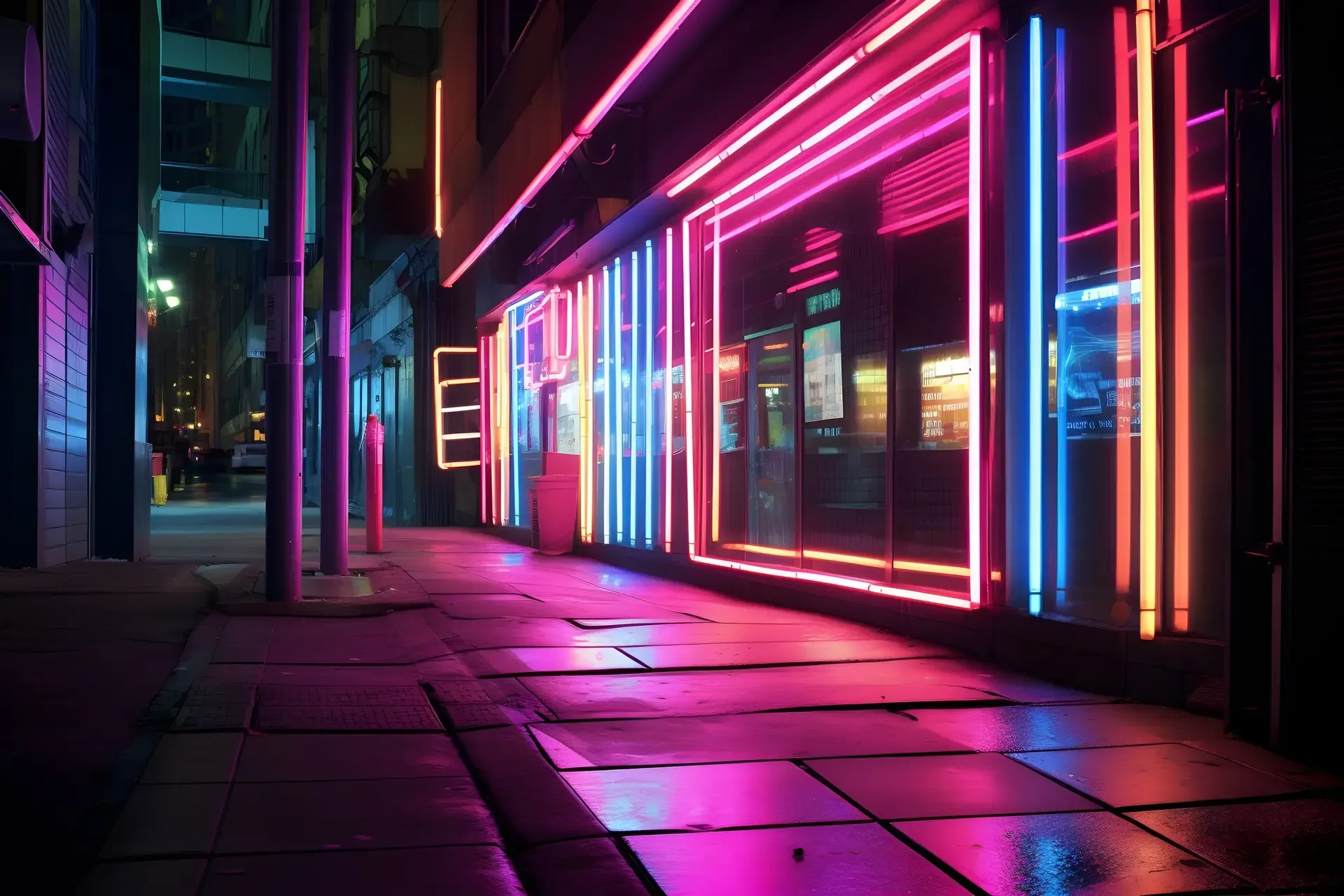 Neonowa reklama świetlna na elewacji lokalu nocą